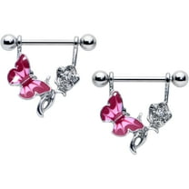 Body Candy 14G Womens Nipplerings Piercing Stainless Steel 2Pc Butterfly Pink Rose Flower Nipple Ring Set 9/16"