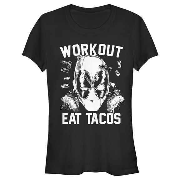 Junior's Marvel: Deadpool Workout Eat Tacos Graphic T-Shirt