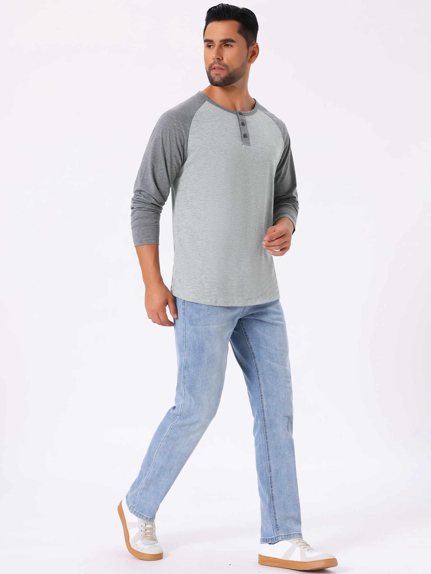 DARING DIVA Men's Raglan Long Sleeve Tee Shirt Baseball Henley T-Shirts L Gray