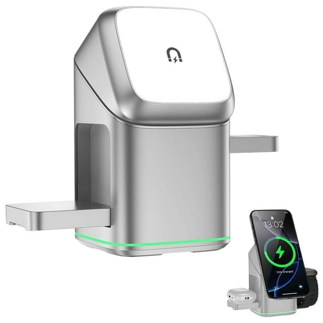 White 3 In 1 Wireless Charger Multi Device Touch Up Charging Station 15W Auto Rotation Magnetic Charging Stand In White Alloy Material