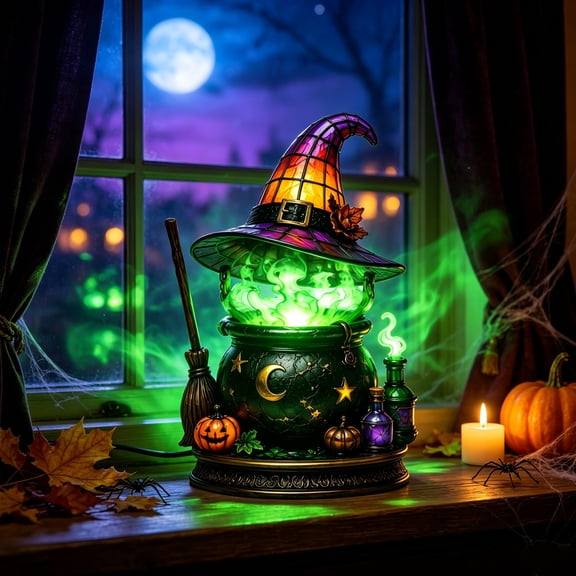 Diceymbol Halloween Witch Cauldron Lamp 11.81 Inch, Light Up Witch Hat Cauldron Decor for Halloween Decorations Indoor Table Shelf Mantel