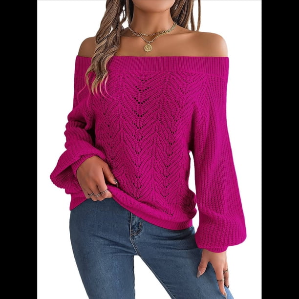 Tops de Crochet para Mujer, Suéteres con Hombros Descubiertos, Ropa de Playa de Punto Calado de Larga de Verano Rosa Roja M