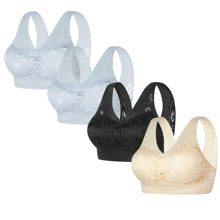 REORIAFEE Bras for Women No Underwire 4PC Gathered Together No Wire Bras Floral Brassiere Breathable Wide Strap Comfy Corset Underwear Classic Comfortable Support Lingerie Yellow M