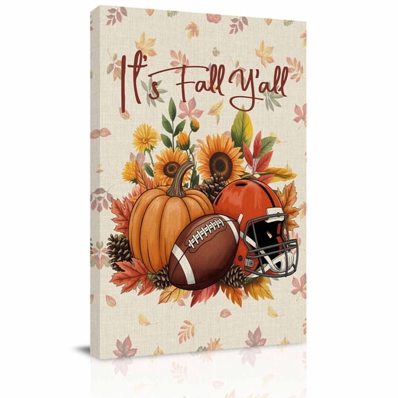 Canvas Wall Art, Pumpkin Football Fall Framed Canvas Prints for Bathroom Hallway, Thanksgiving Sunflower Maple Beige Small Gallery Wrapped Wall Decor for Home Office, Gifts, 8"x10" Ship Next Day