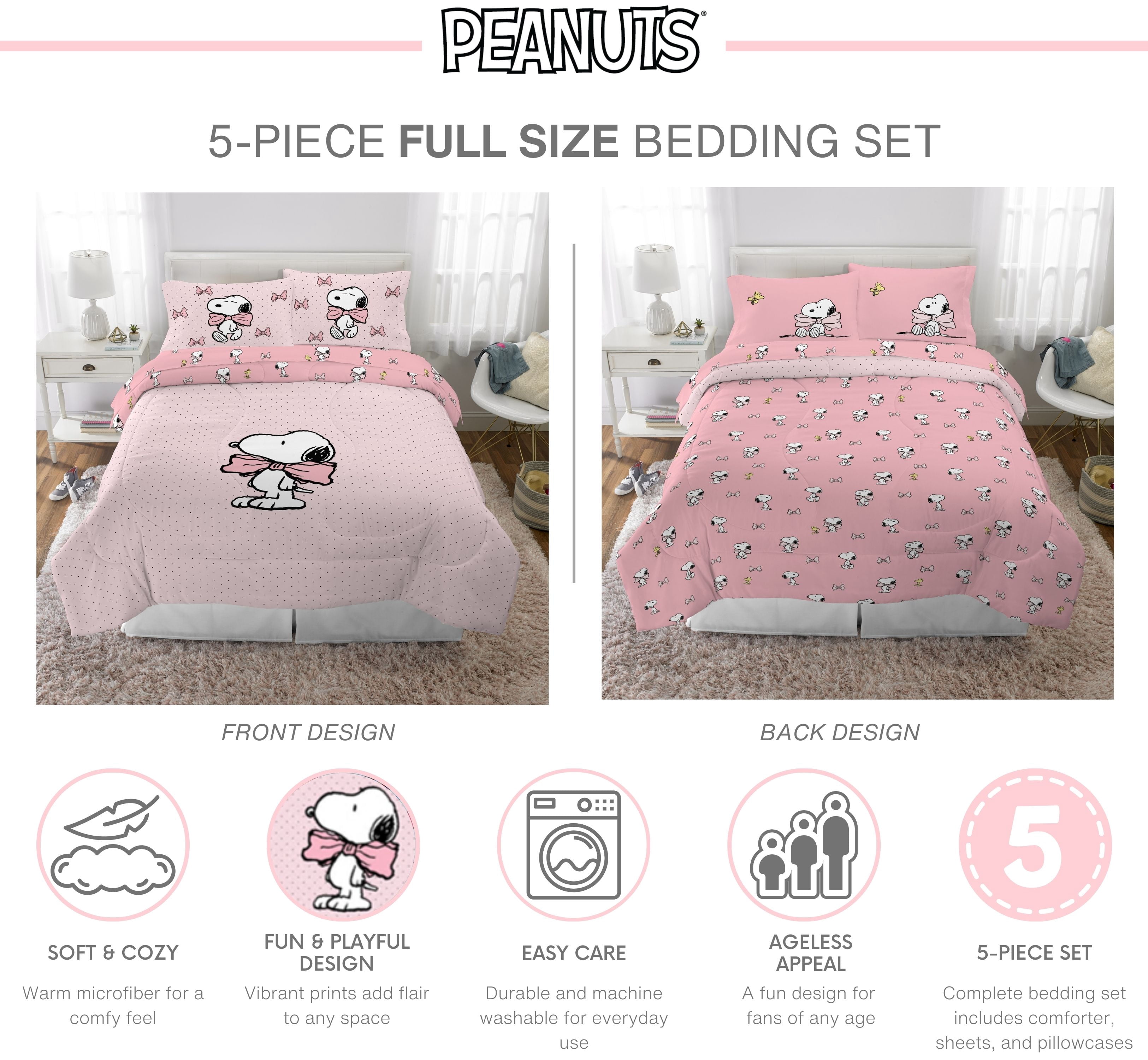 Peanuts Snoopy 5 Piece Pink Coquette Reversible Comforter, Pillowcase, and Sheet Set, Full