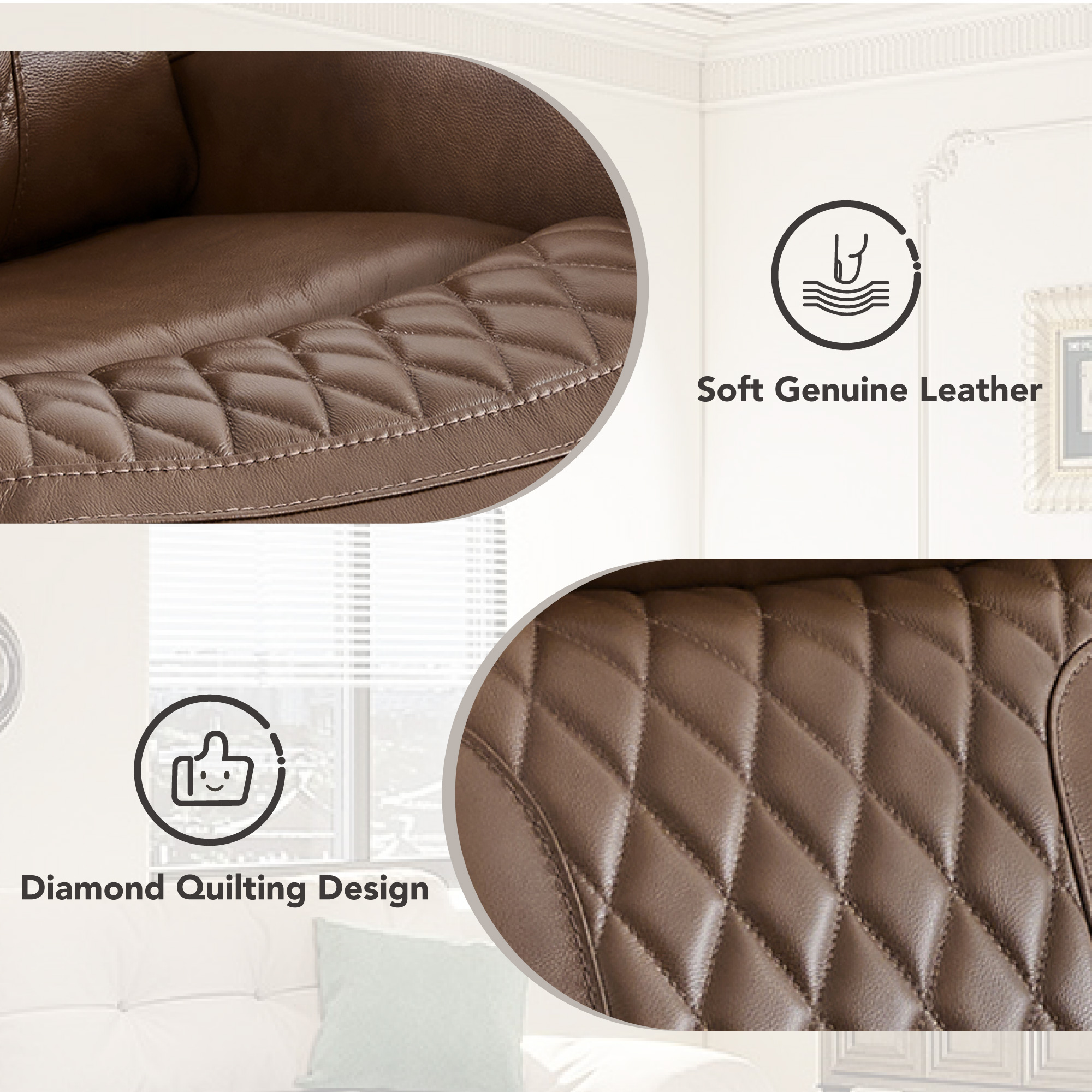 Spruce & Spring Leather Dual-Motor Lay Flat Recliner with Diamond Quilting, Cafe