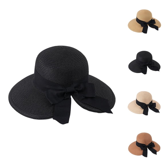 Straw Bucket Hats for Women Wide Brim Summer Sun Hat Floppy Beach Hat with Bow Tie