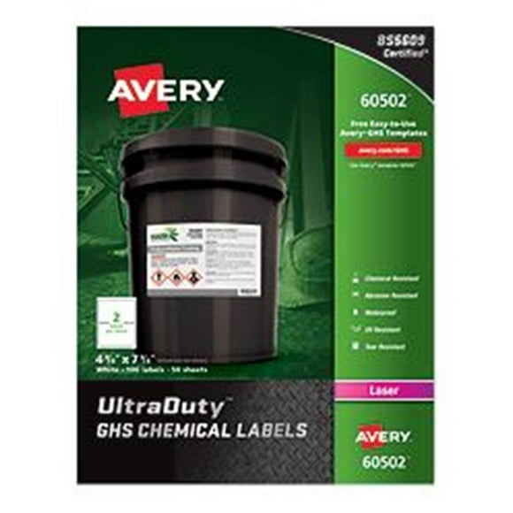 Avery-Dennison 60502 Étiquettes Chimiques Ultra-Duty GHS - Blanc - 4,75 x 7,75 Po.
