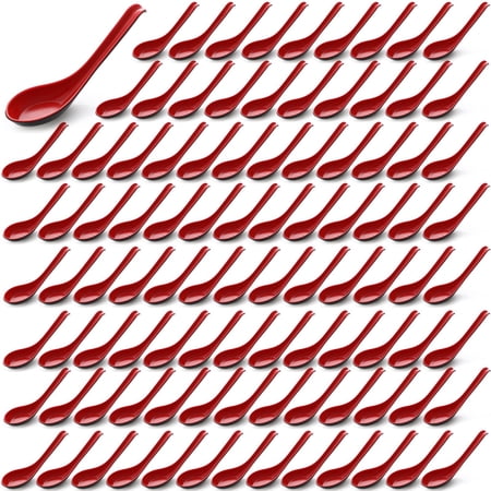 100 Soup Spoons 6.3 Inches Korean Miso Red And Black Bulk With Hook For Soba Wonton Rice Pho Ramen Noodle Dumpling