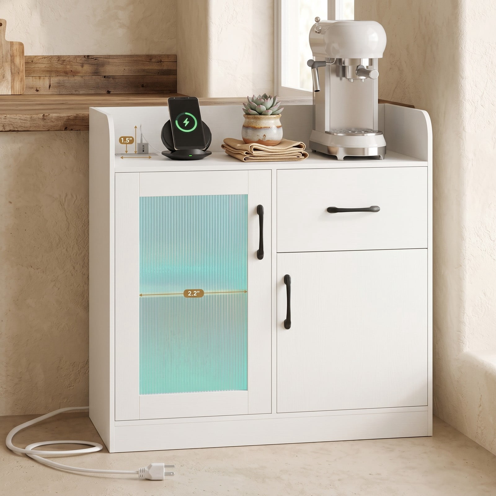 Furnibear LED Buffet Sideboard with Charging Station, USB Type-C and AC Outlets, Storage Drawer, Translucent Fluted Door, RGB Light Buffet Cabinet for Dining, White