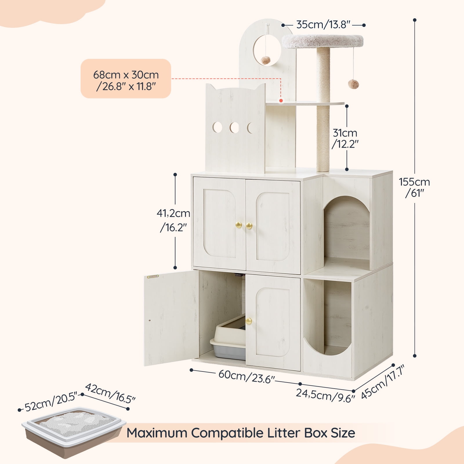 Cat Tree with Litter Box Enclosure, Hidden Double Cat Litter Box Enclosure Furniture, Modern Cat Tree with 2 Dangling Balls and 2 Sisal Scratching Posts for 2 Cats, White WH27MZ03