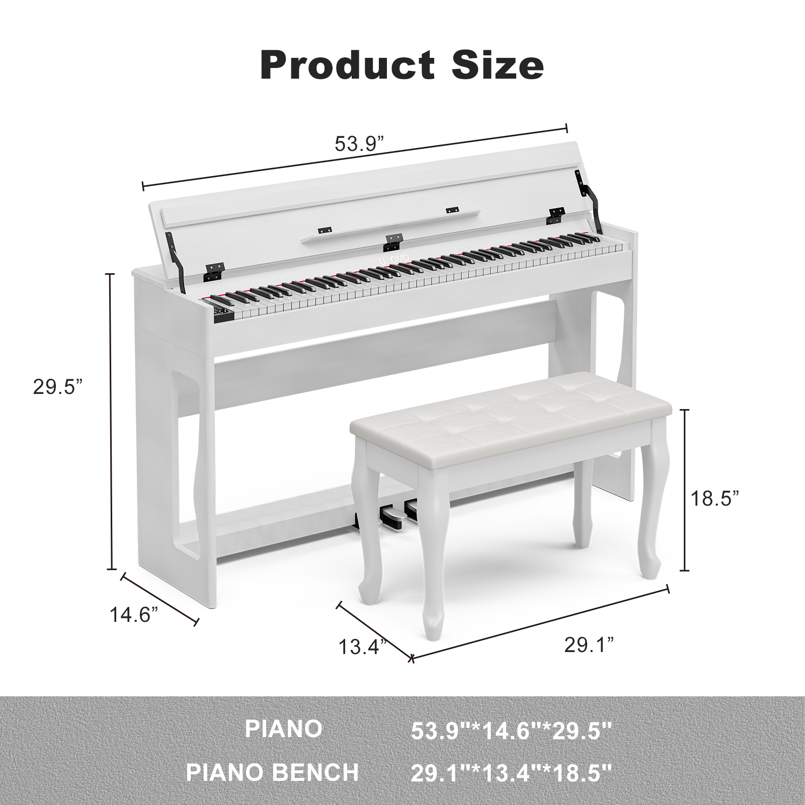 UMOMO 88 Weighted Key Digital Piano with Duet Piano Bench, Beginner Keyboard Piano Full Size Heavy Hammer Weighted Action Electric Piano Keyboard with USB MIDI, White