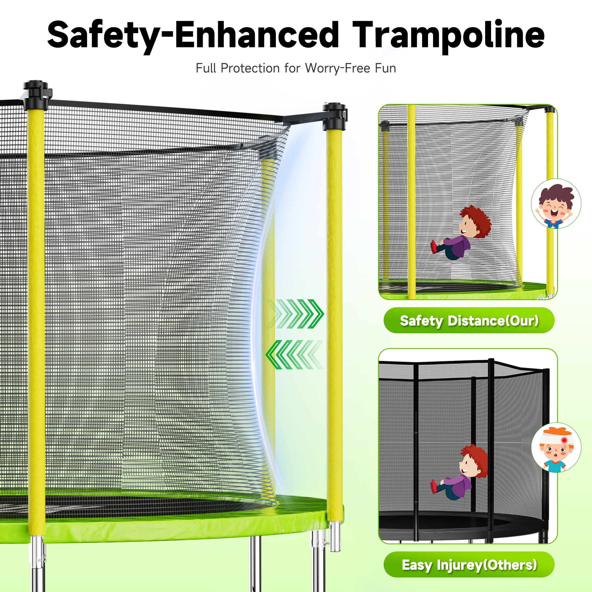 SKOK 8ft Round Trampoline for Kids & Adults, Heavy Duty Outdoor Trampoline with Safety Enclosure Net for Family Fun, Green & Yellow