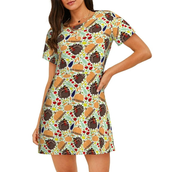 Logiee Thanksgiving Print Nightgowns for Women,Soft Short-Sleeved Lightweight Sleepwear, Loose Sleepshirts