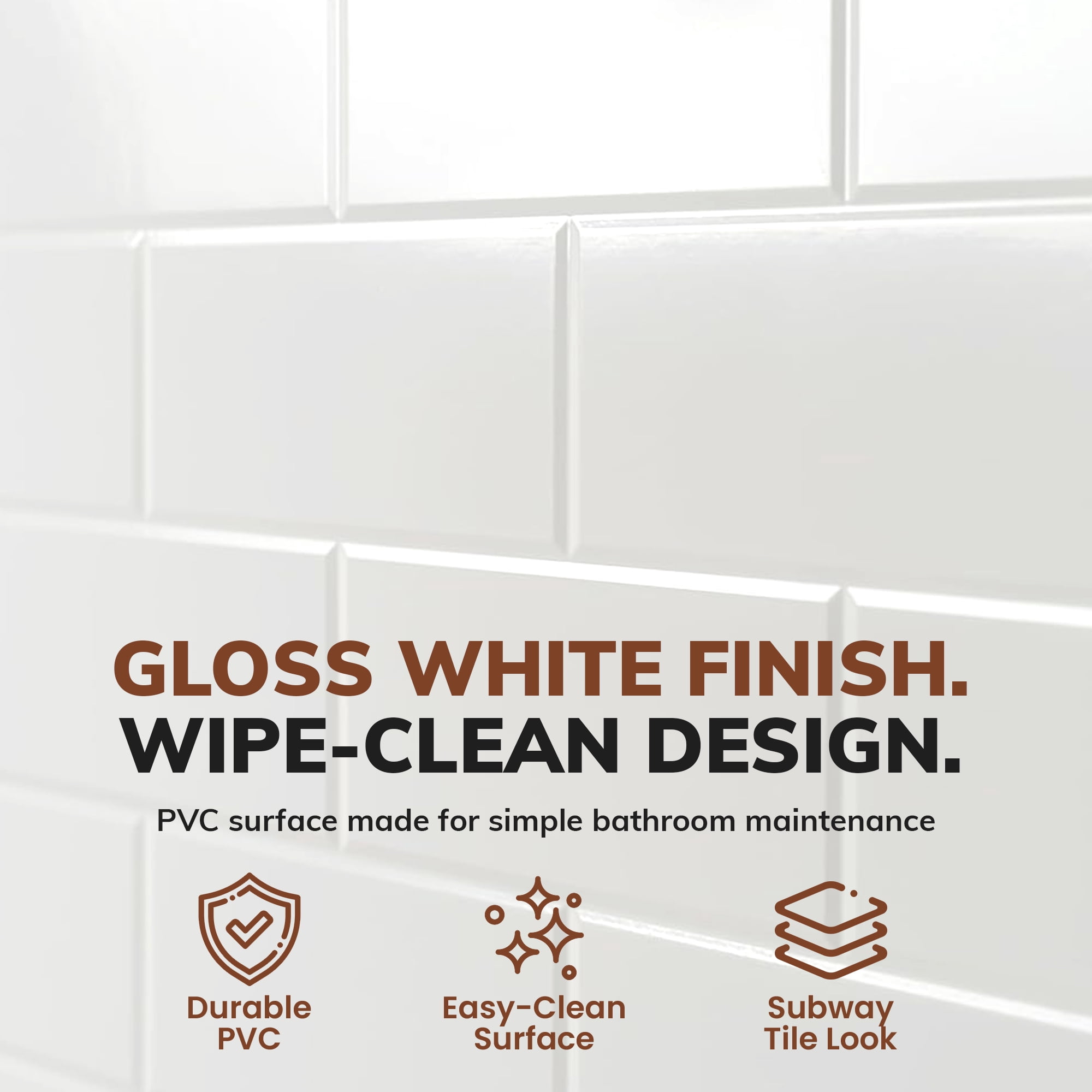 Subway Tile PVC Glue-up Tub and Shower Wall Panels Surround in Gloss White (96 Sq.ft) - 1 Piece