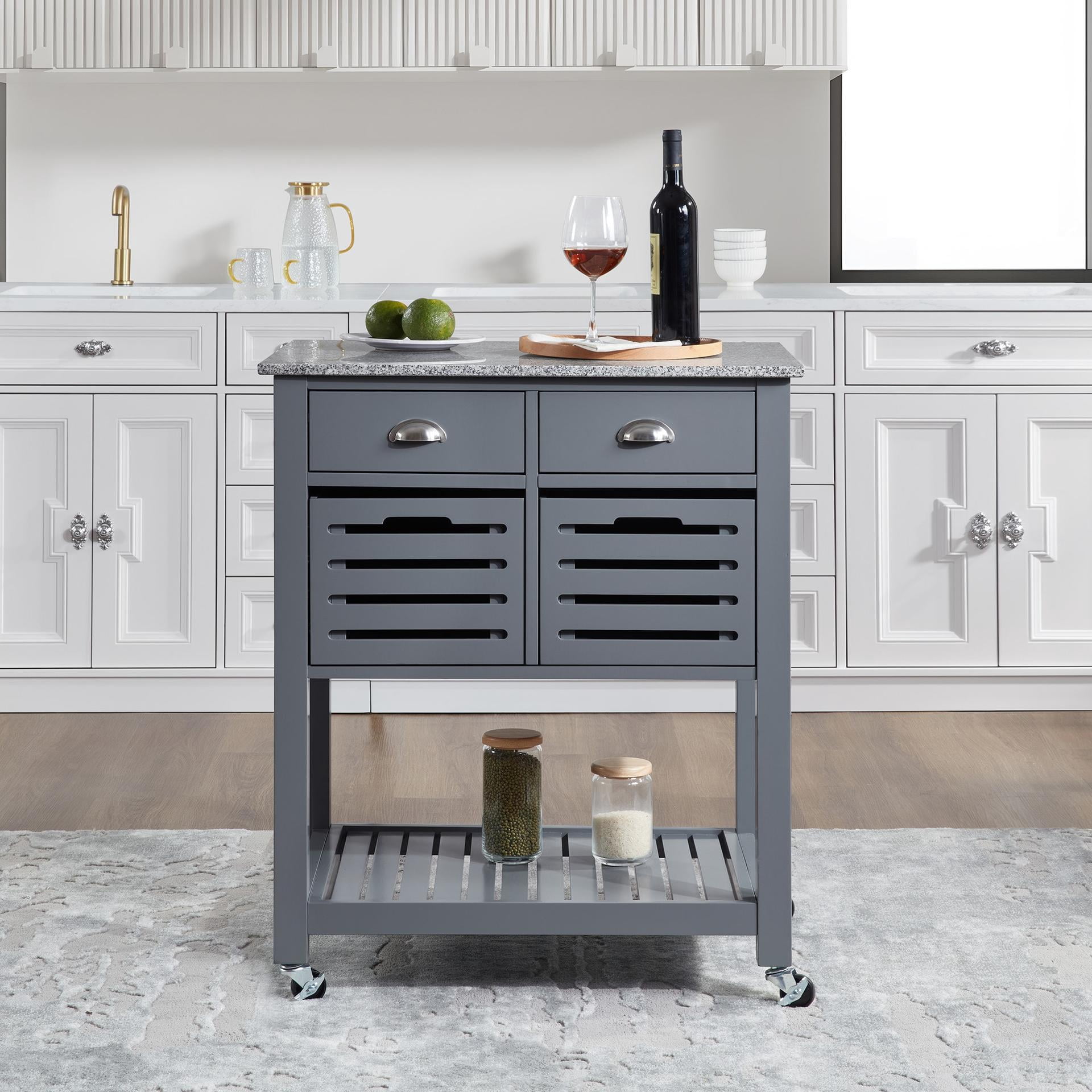 Mobile Rolling Kitchen Island Trolley Serving Cart with 2 Drawers & Slide-Out Wire Storage Basket