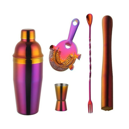 

750Ml Stainless Steel Boston Set Shaker Wine Pourers Set with Strainer Measure Cup Bartender( Red)