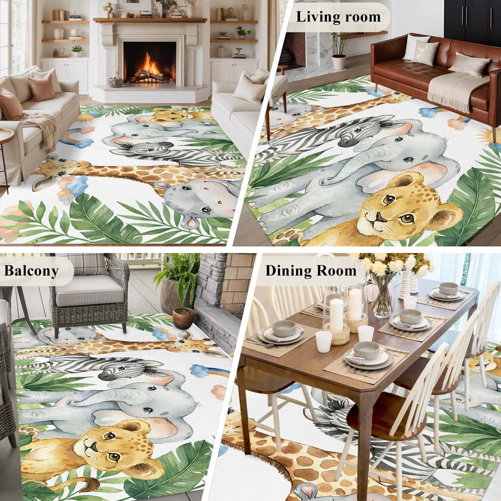 Cute Animals Area Rugs 6'x9', Washable Small Throw Rugs for Kitchen Dining room, Funny Summer Botanical Palm Leaves Indoor Outdoor Rug Non-Slip Low Pile Carpet Runner Reversible Floor Mats