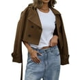 thumbnail image 2 of Womens Cropped Trench Coat Lapel Double Breasted Short Jacket Outwear Dark Brown M, 2 of 9