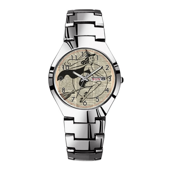 Mens Watches Silvery Steel Band Top Brand Waterproof Japan Quartz Watch Christmas Men Business Clock Witch Flying on Broom,Haloowen, Vintage Collage Watch