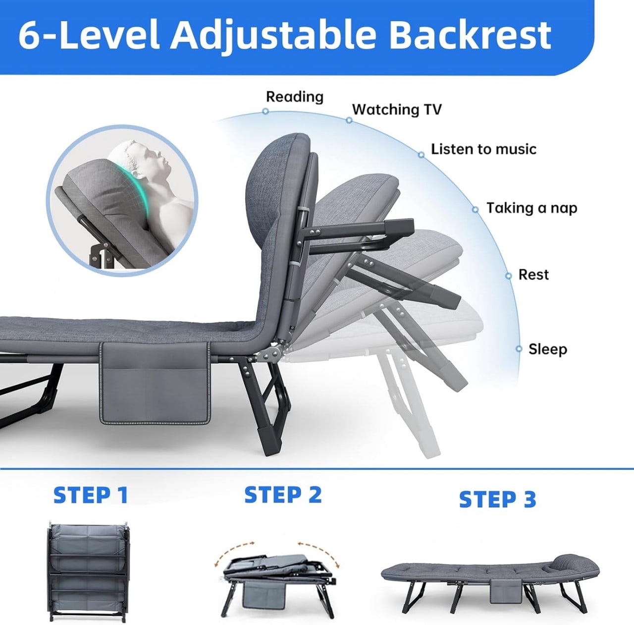 Folding Camping Cot with Mattress, Heavy Duty Patio Sleeping Bed Camping Bed, Adjustable Recliner Lounger Chair for Indoor, Outdoor & Patio Use