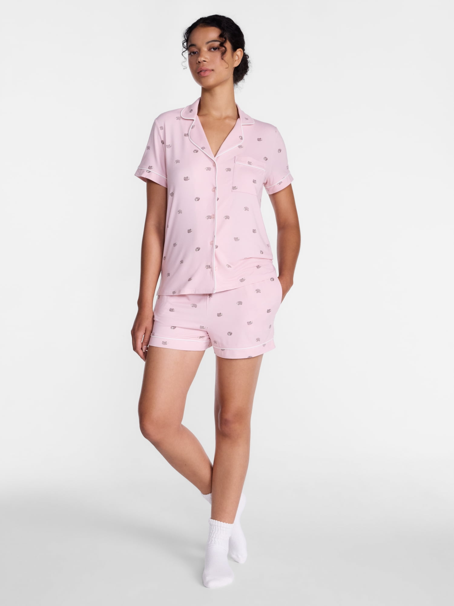 Joyspun Women’s Dreamy Soft Collection Notch Collar Knit Top and Boxer Shorts, 2-Piece Pajama Set, Sizes XS-3X