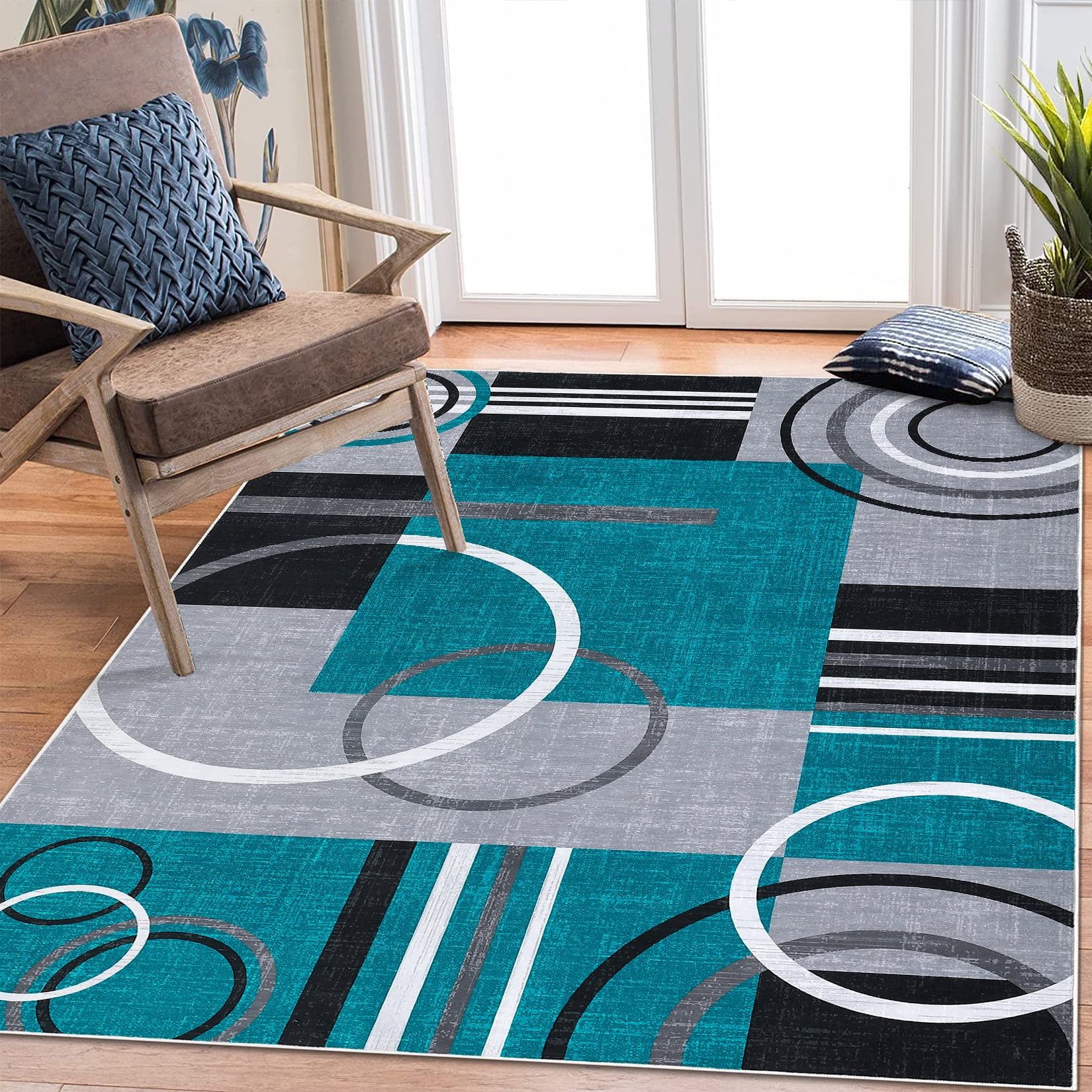 Garvee Modern Geometric Area Rugs 5'x7' Living Room Rugs, Abstract Washable Rug Non-Slip Soft Indoor Throw Carpet Stain Resistant Rug for Dining Room Bedroom, Blue Green