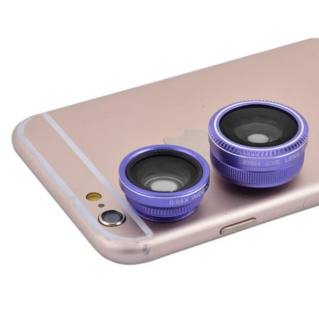 3-in-1 185 Degrees Fisheye 0.65X Wide Angle 10X Macro HD Phone Lens Kit Purple