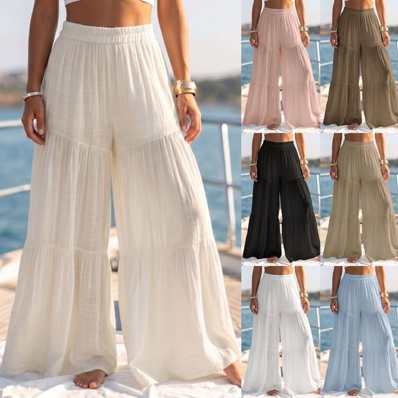 WCMZJ Women's Tiered Ruffle Wide Leg Pants Elastic Waist Palazzo Pants Loose Fit Boho Beach Vacation Summer Casual Trousers