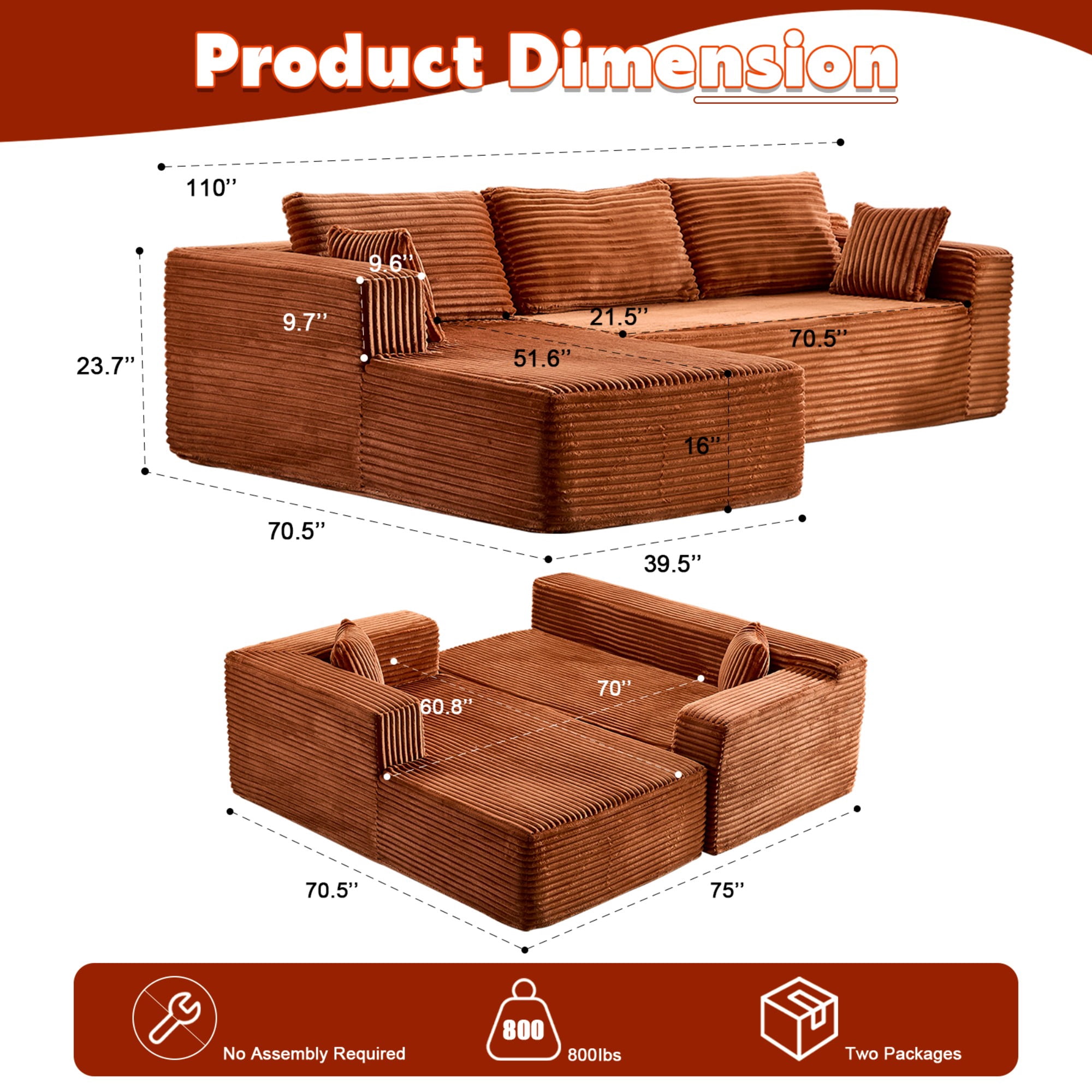 L-Shape Sectional Sofa Couch with Comfy Chaise,Modular Compression Sectional Couch with Deep Seat,Corduroy Sleeper Sofa Couches for Living Room Bedroom Apartment,Brown