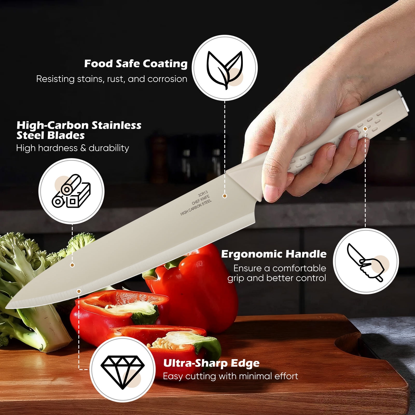 Vesteel Knife Block Set for Kitchen, 15-Piece High Carbon Stainless Steel Knives Set with Ergonomic Handle, Ultra-sharp & Rust Resistant, Khaki