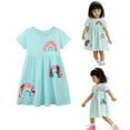 thumbnail image 2 of Toddler Girls Short Sleeve Teal Rainbow Sequin Dress Summer Comfortable Breathable Cotton, 2 of 8