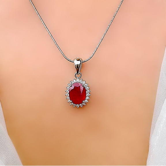 Red Ruby Gemstone Round Pendant Necklace for Women in 925 Sterling Silver | Elegant Birthstone Jewelry