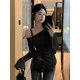 thumbnail image 5 of Camisetas de manga larga para mujer, estilo gótico, estilo urbano, con estampado retro, sexys, ajustadas, irregulares, cómodas, para colegialas., 5 of 5