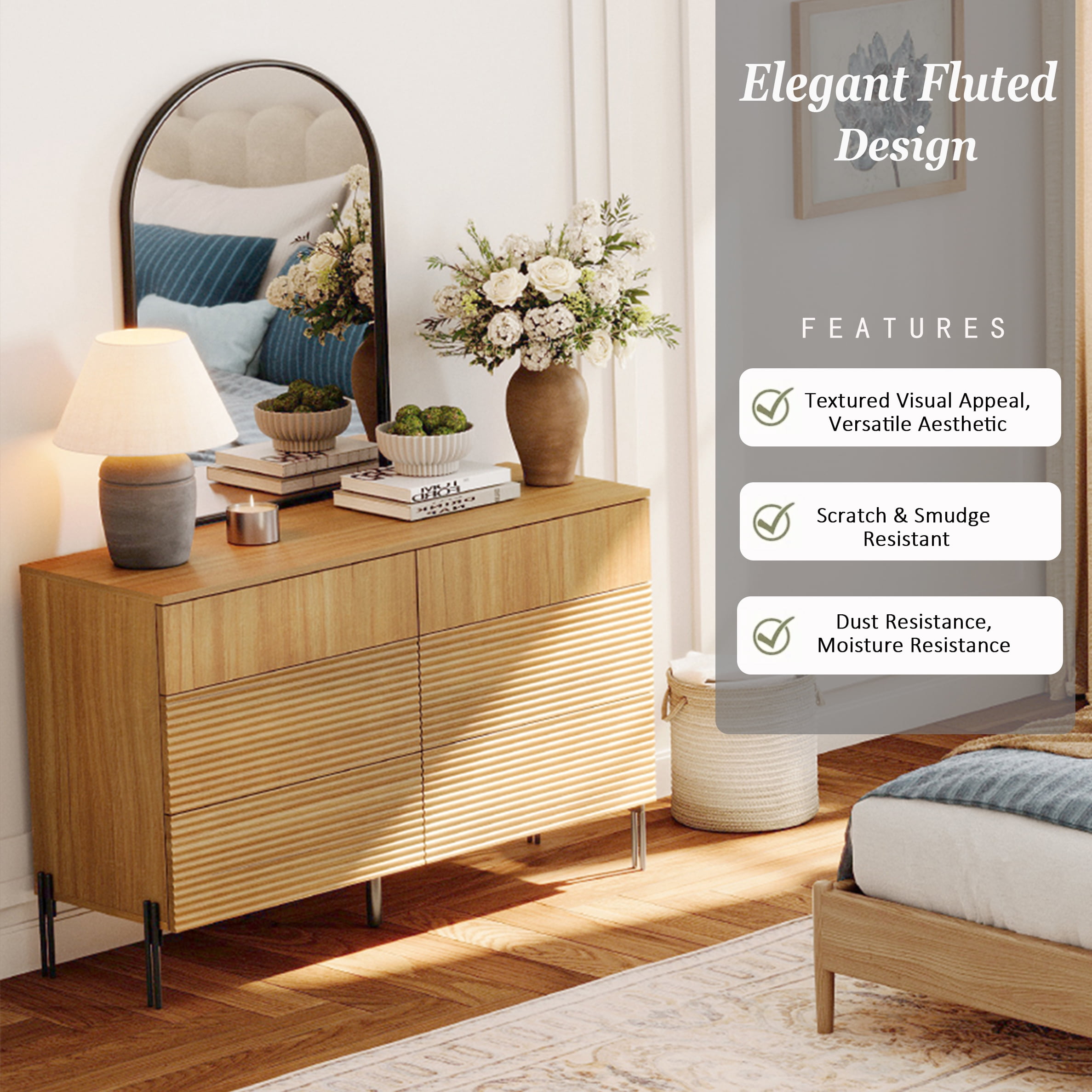 WAMPAT 47.2" Wood Accent Cabinet with Drawers, Modern Credenza Storage Cabinet with Minimalist Reeded Design for Living Room, Kitchen, Dining Room, Hallway