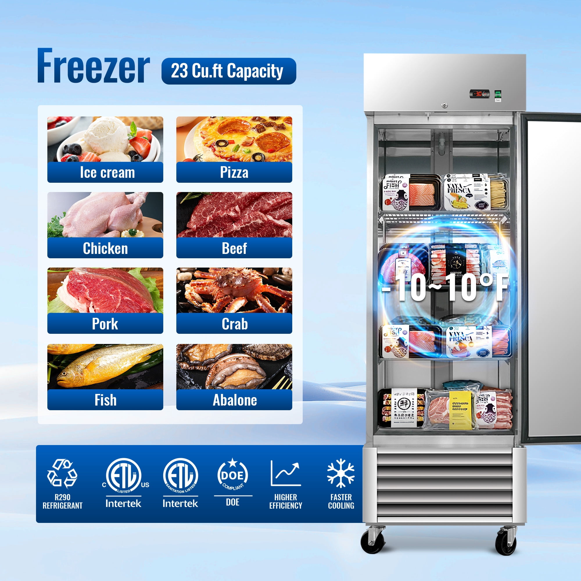 27" Commercial Expandable Upright Freezer, Stainless Steel, 23 Cu.Ft., 3 Adjustable Shelves, Low Noise & Energy Efficient, Auto Defrost, Digital Temperature Control, LED Lighting