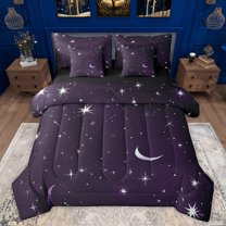 jejeloiu Kawaii Stars Print 7-Piece Bedding Comforter Set,Galaxy Planet Moon King Bedding Sets,Purple Silver Bed Sheets For Adults,Ultra Soft Home Decor Reversible