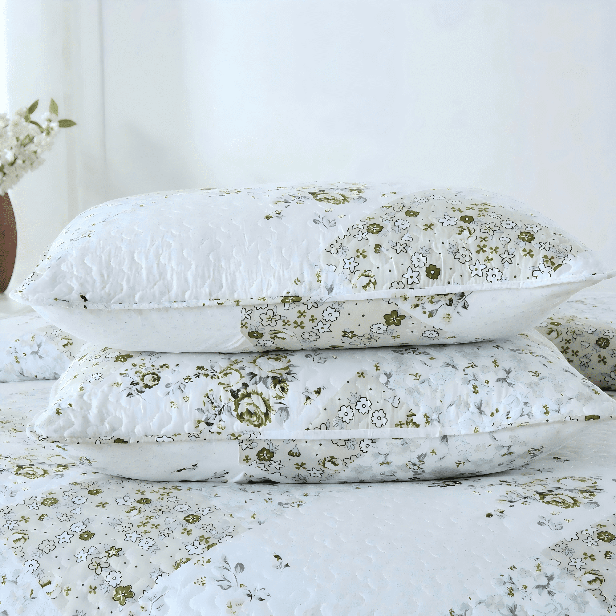 3-Piece King Size Quilt Set, Greagle Lightweight Patchwork King Spring Summer Quilt Bedspreads Full Size Bedding Set with Pillow Shams, 104x90 inch Beige Floral Plaid Print