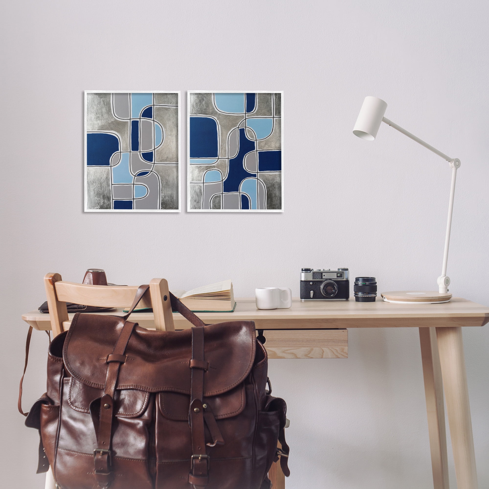 Stupell Industries Blue & Grey Geometrics Abstract Painting White Framed Art Print Wall Art, 11 x 14, Set of 2