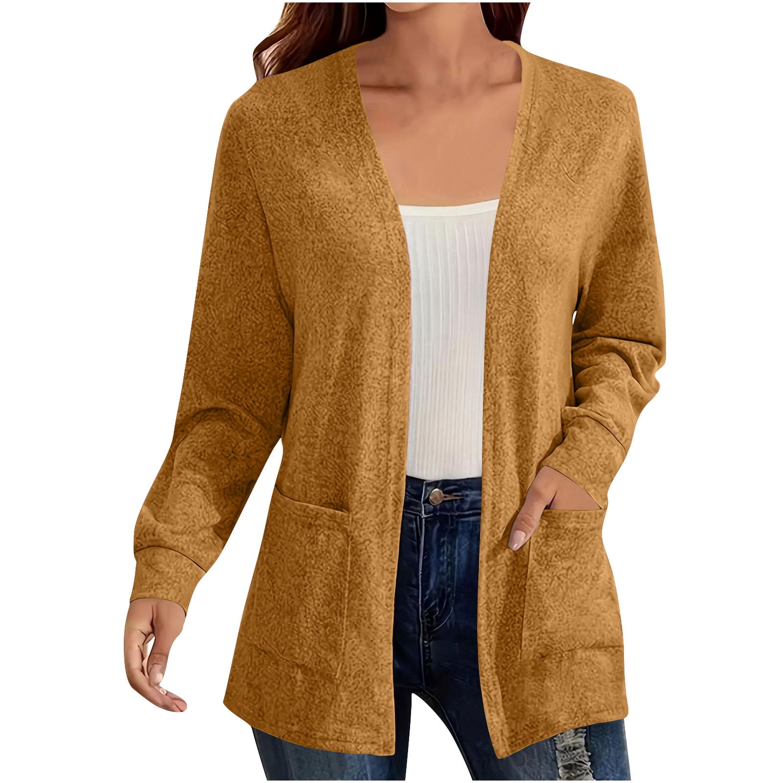 Hueook Cardigan Sweaters for Women Color Long Sleeve Casual Tops Blouse with Pocket Cardigan Brown M