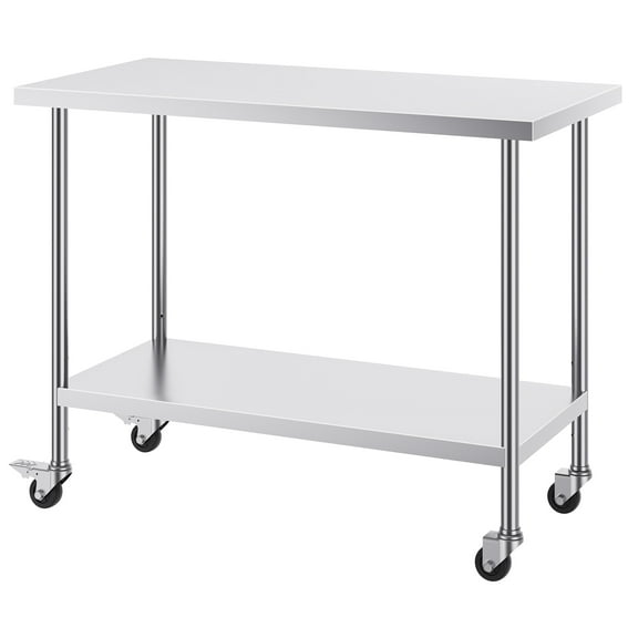 KFFKFF 24x48x38 Inch Stainless Steel Prep Table, Equipped with 4 Casters and 3 Height Settings, Durable for Restaurant Kitchen Use, Silver