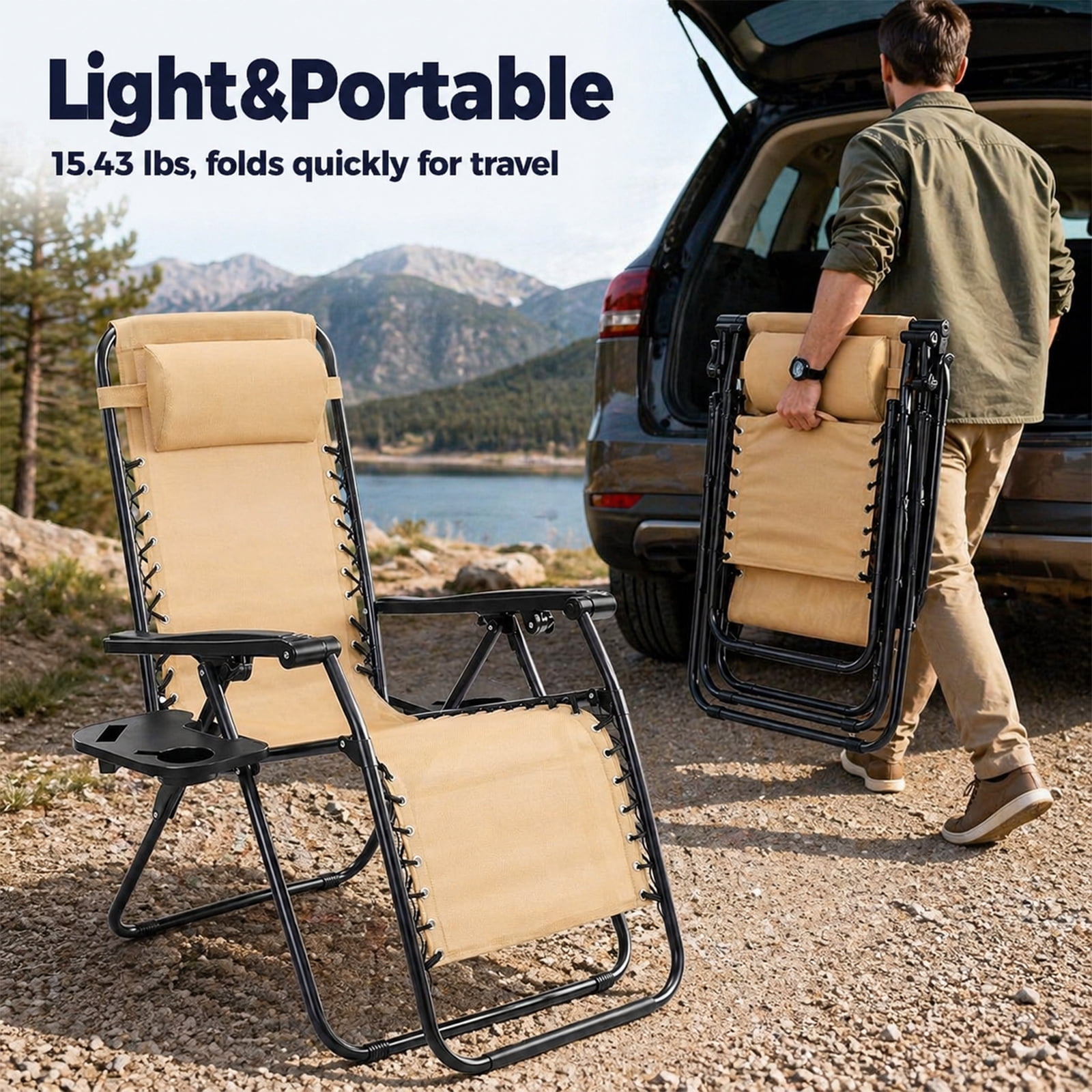 Alvantor 2-Pack Zero Gravity Lounge Chairs, Portable Recliner Beach Camping Patio Outdoor Folding Lounge Chair with Pillow & Cup Holder