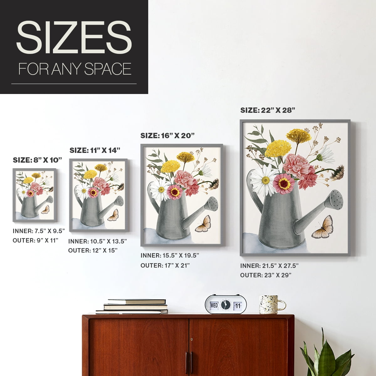 Watering Can Bouquet II Framed Print in Gray Solid Wood 11 x 14 Framed Print