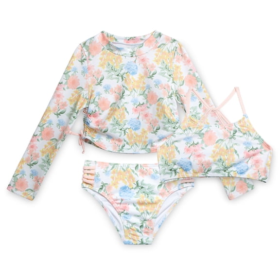 Jessica Simpson Girls' Three-piece Bikini Swimsuit Set with Rashguard, Sizes 4-16