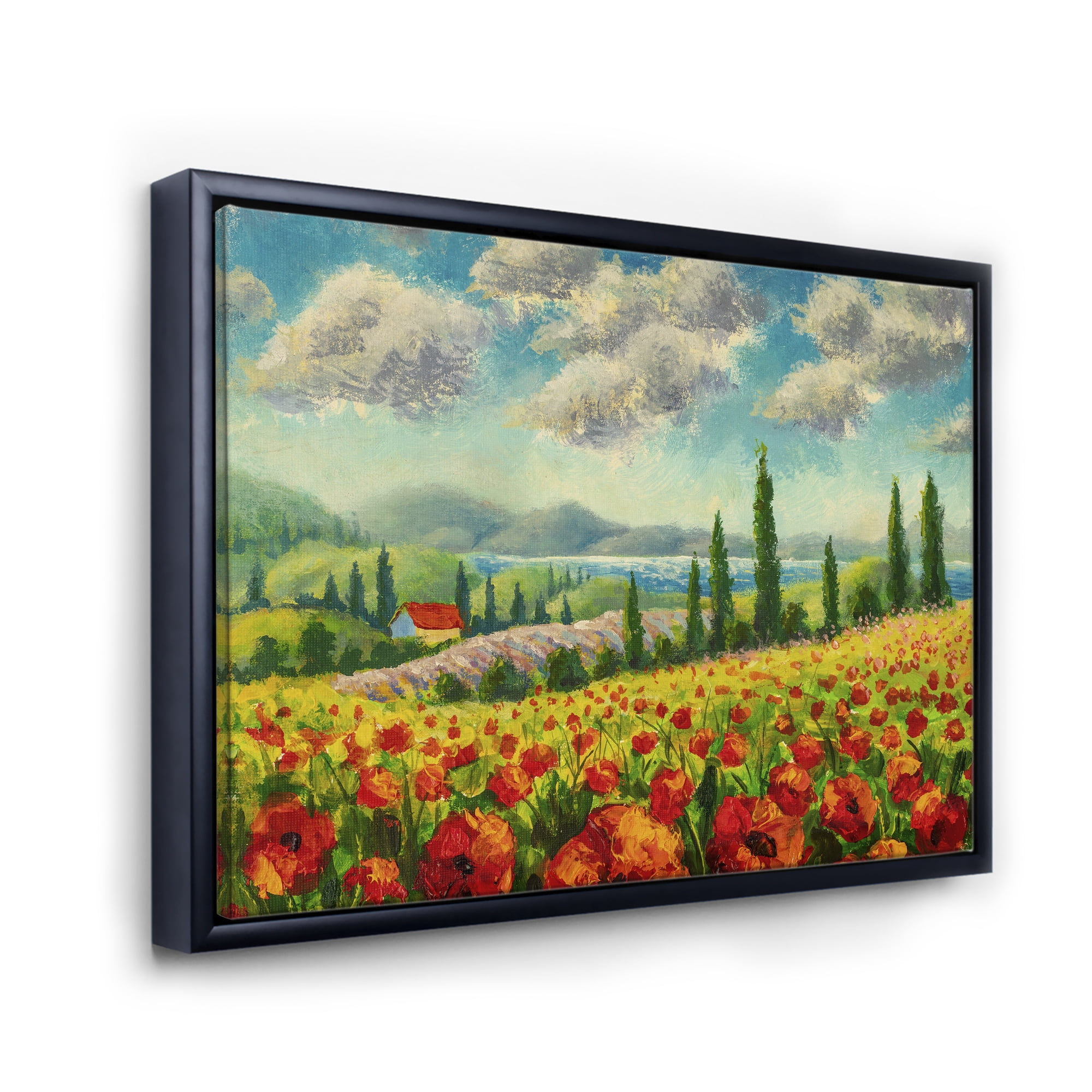 Designart 'Beautiful Landscape With Poppies Flowers By Riverside' Traditional Framed Canvas Wall Art Print