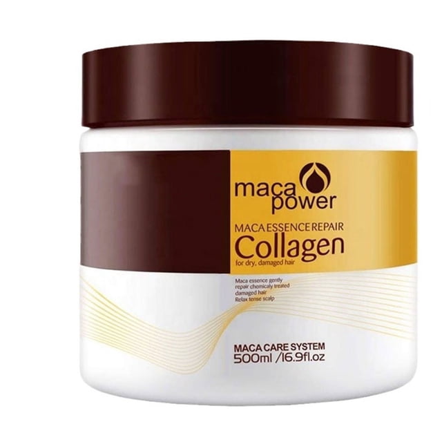 mascarilla capilar de colágeno con aceite de argán acondicionador profundo para cabello seco y dañado, todo tipo de cabello, 500ml. Bote frontal centrado: envase blanco con tapa marrón oscuro y etiqueta dorada que muestra la marca YOUSIM, la palabra Collagen y la indicación 500 ml; especifica colágeno, aceite de argán, maca y hierbas naturales, apto para cabello teñido y tratado químicamente; también adecuada para tratamientos intensivos en viajes o uso familiar.