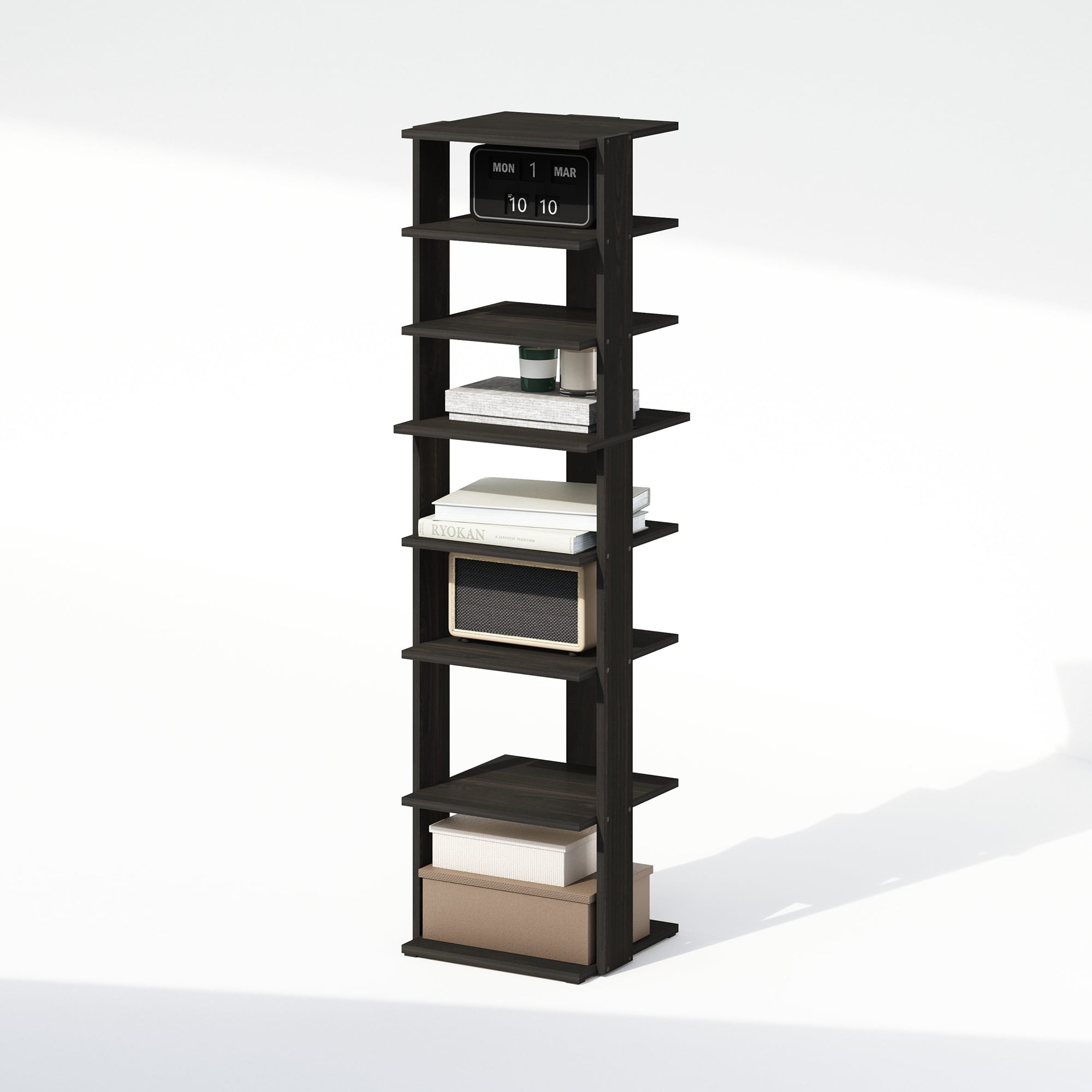 Furinno Compact 8-Tier Vertical Space Saving Free Standing Corner Shelf, Display Rack, Espresso
