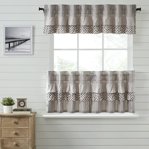 VHC Brands Florette 3 PC Light Taupe Ruffled Curtain Set (1 Valance 16x72 and 2 Tier 24x36)