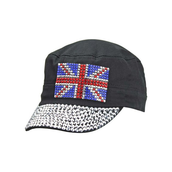Black Uk Shiny Rhinestone Studded Cadet Cap Hat
