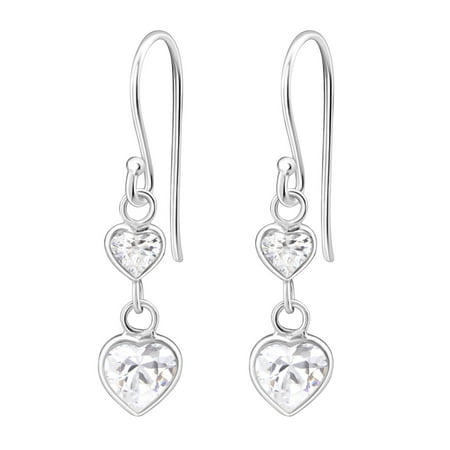 Sterling Silver Double Heart Earrings - Hypoallergenic Sterling Silver Double Heart CZ Dangle Earrings for Kids (Nickel Free)